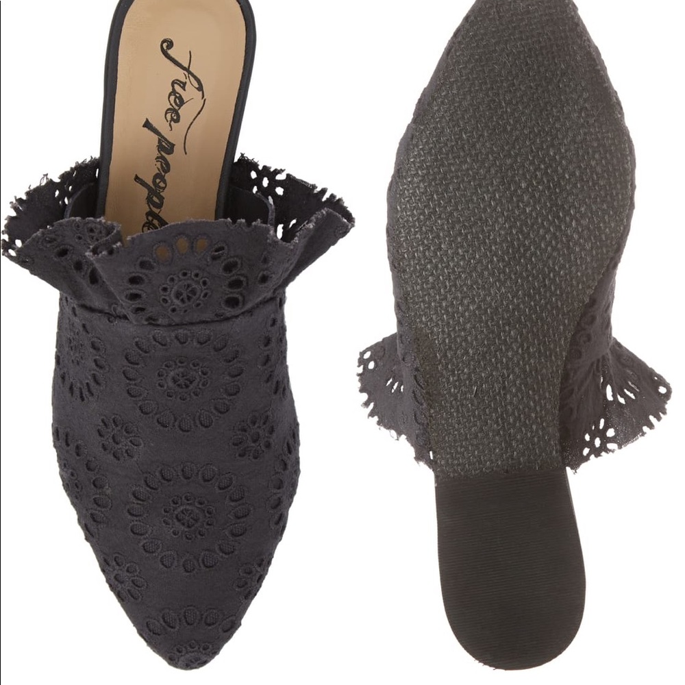 Free People Black Eyelet Pointed Toe Mule Flats